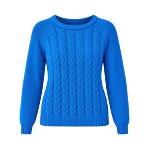 LANDS END Drifter Cotton Cable Knit Sweater Blue Crewneck Classic Large Petite